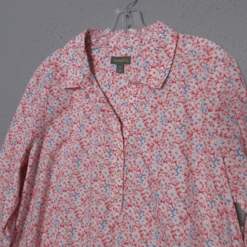 Style‎ & Co Top 2X Floral Perfect Popover Cotton Boho Cottage Core Red Blue NWT